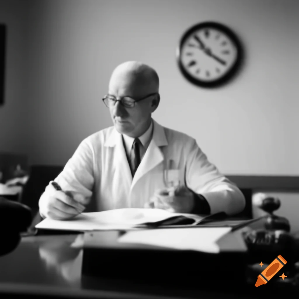 Medical doctor writing in patient file at desk with flowers and analogue clock