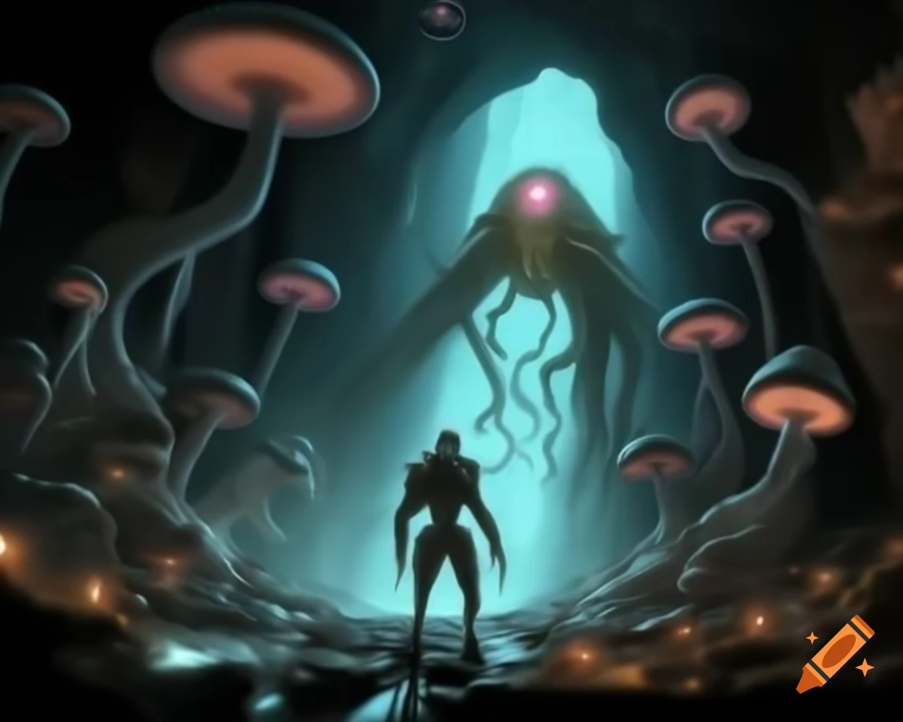 Cyborg meets luminous creature in cave with glowing mushrooms