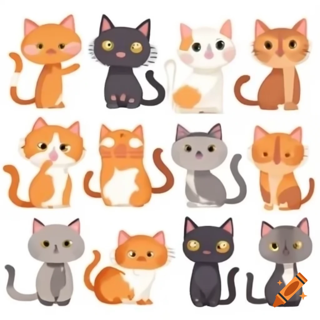 Cartoon of ten different cats standing together on craiyon