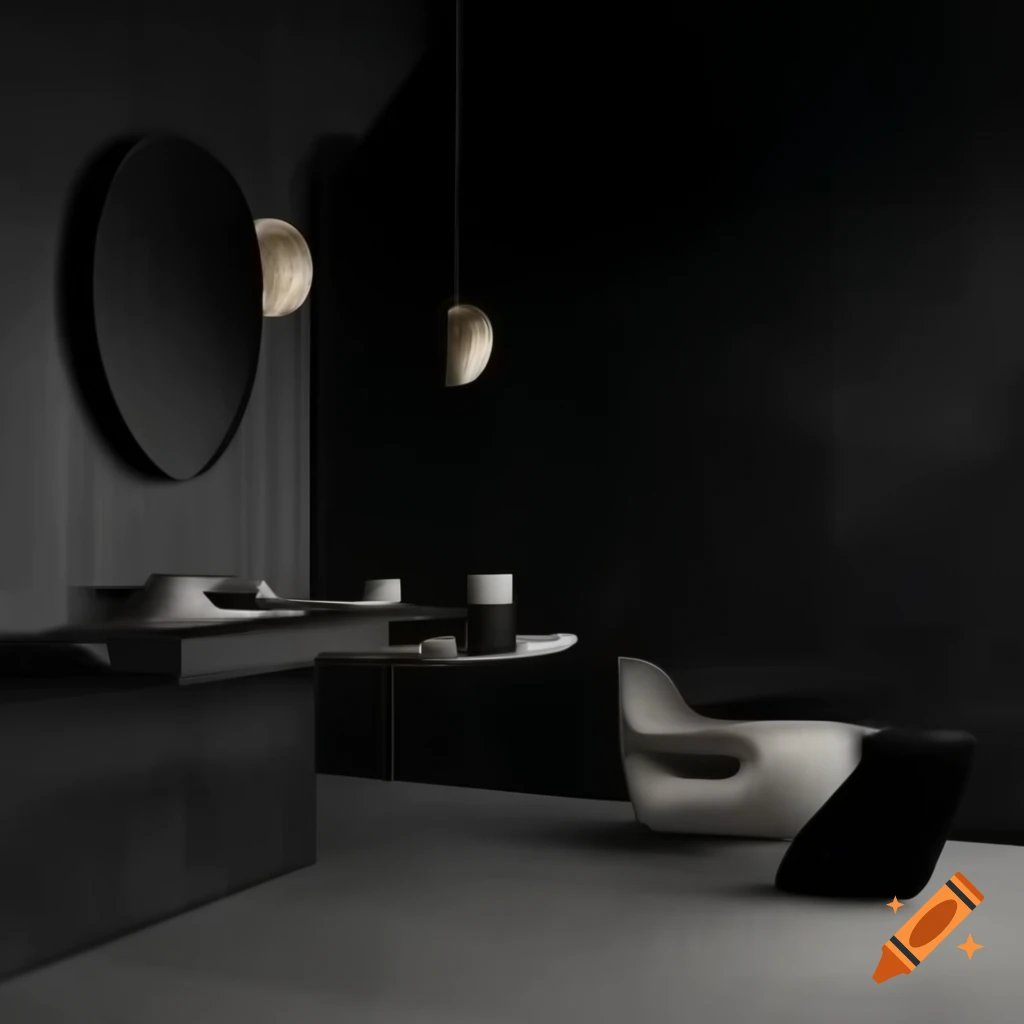 Elegant minimalist interior in black with red accents, featuring shiny furniture and glossy black marble flooring