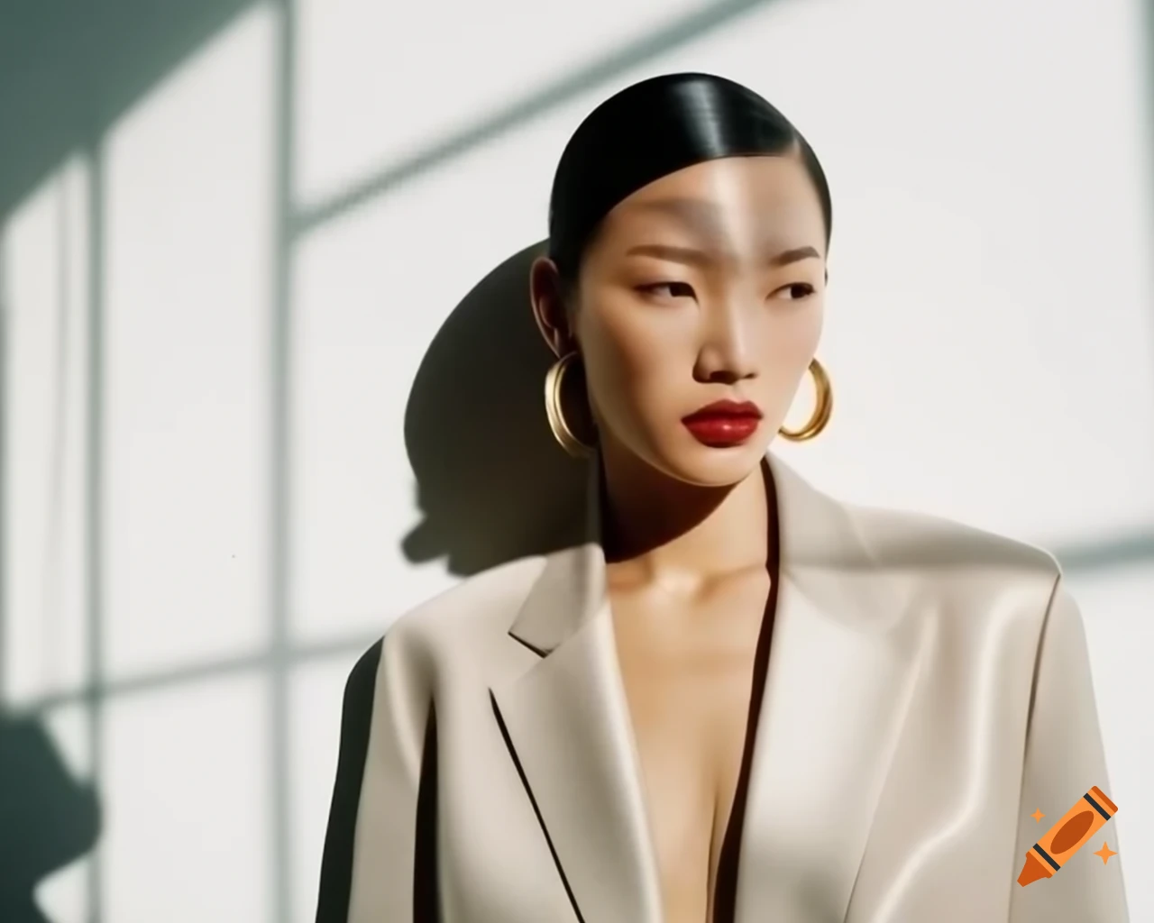 Fashion editorial of a woman with dark hair in a designer blazer against a futuristic wall