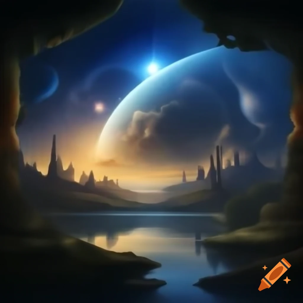 Surreal cosmic landscape with dreamlike elements in digital illustration