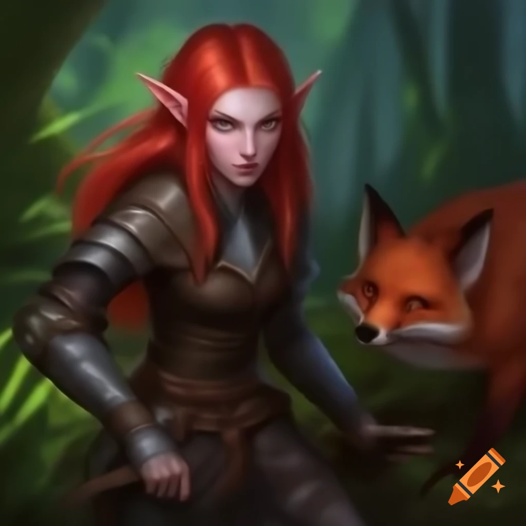 Red-haired elven druid in leather armor with staff, walking past vibrant undergrowth with red fox