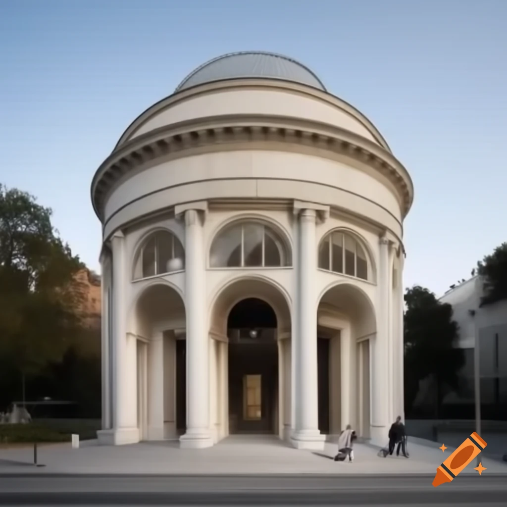 Classical facade design featuring stylobate, columns, entablature, pediment, and arches