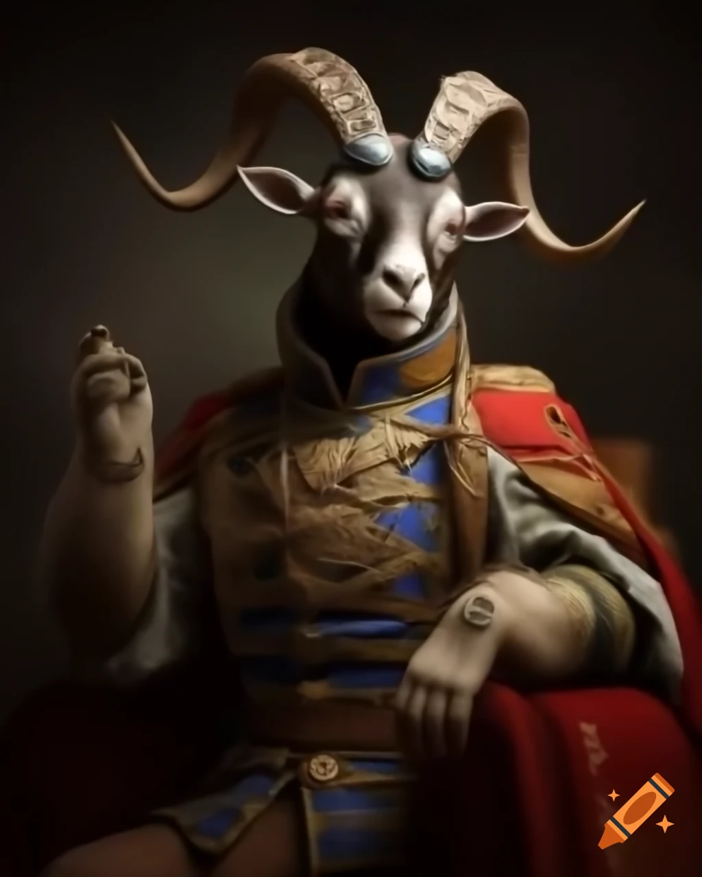 Whimsical goat in Russian Imperial regalia striking pose reminiscent of an officer
