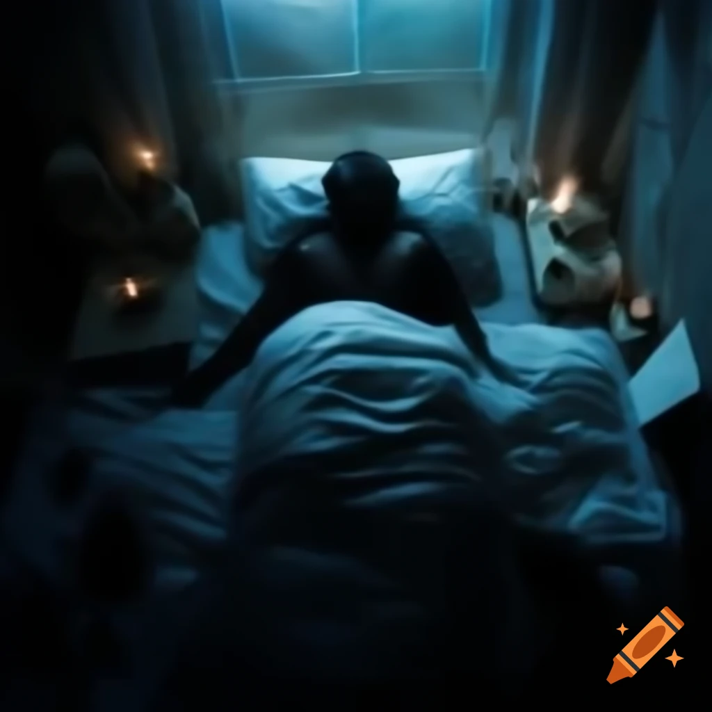 Ethereal silhouette of a man in bed illuminated by moonlight