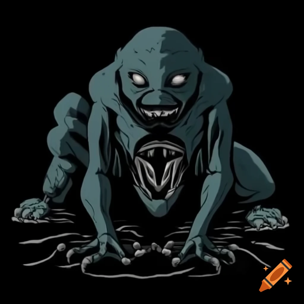 Grotesque creature in dark environment