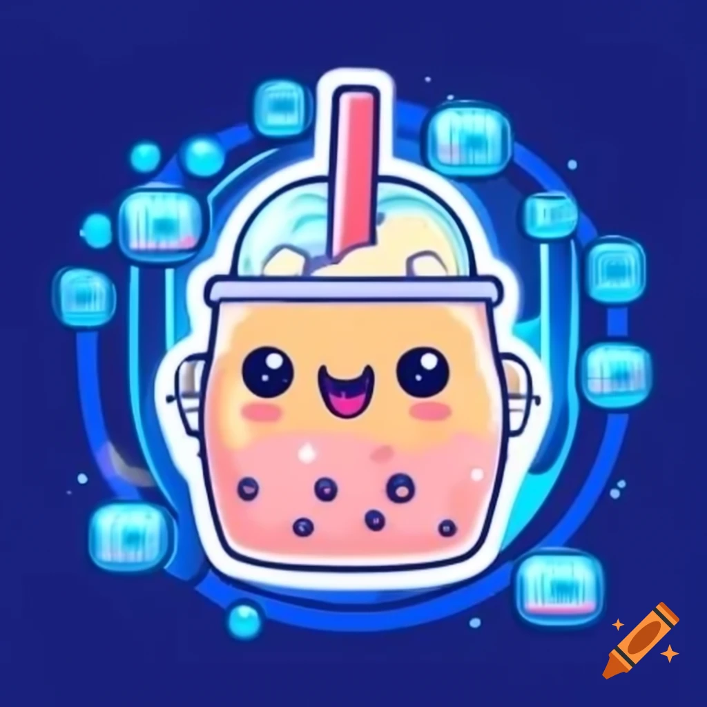Adorable boba tea robot mixing vibrant drink with cheerful glow
