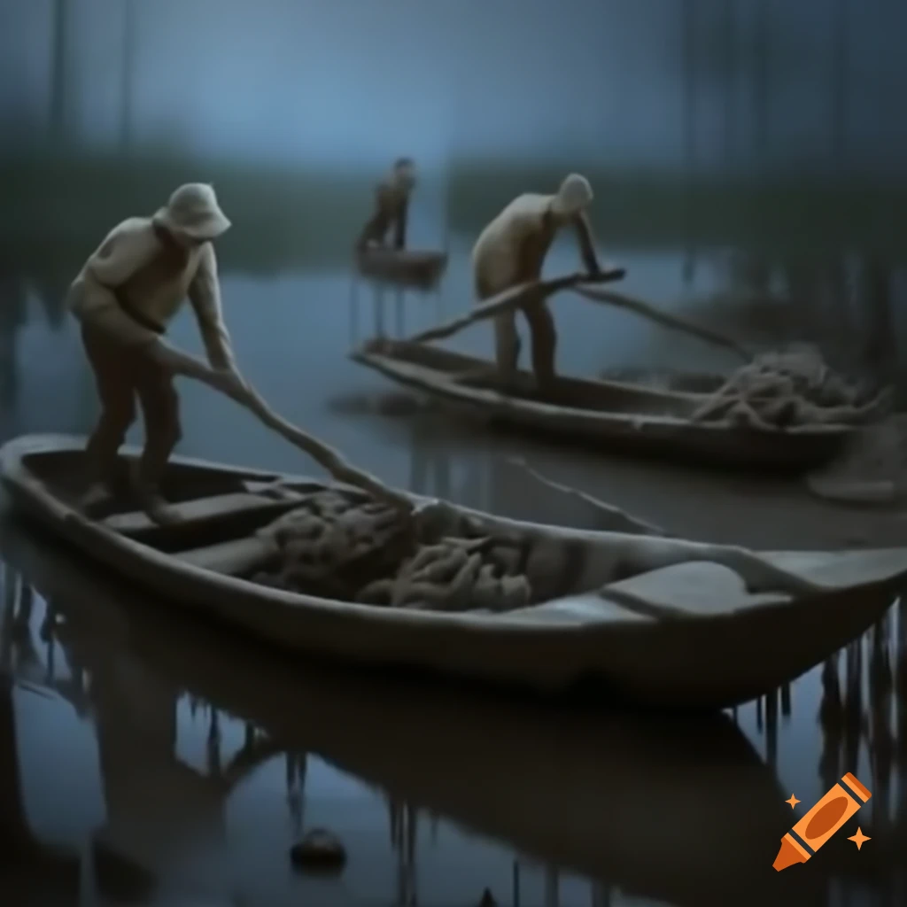 People with chains working on boats in muddy swamp at night with mist