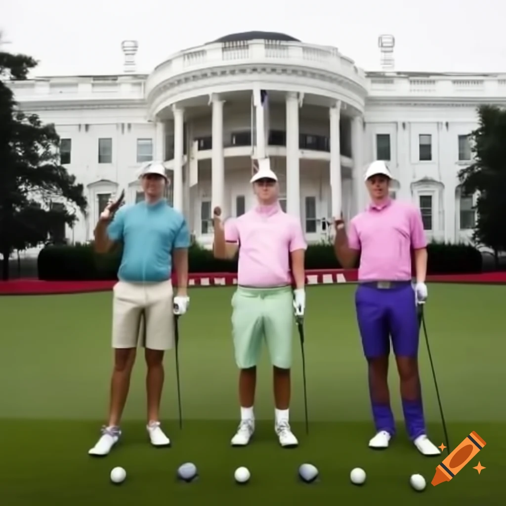 Three Kings with golf clubs in front of the White House