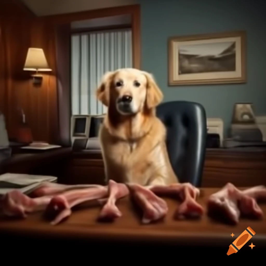 Golden retriever in office as CEO with million meat bones
