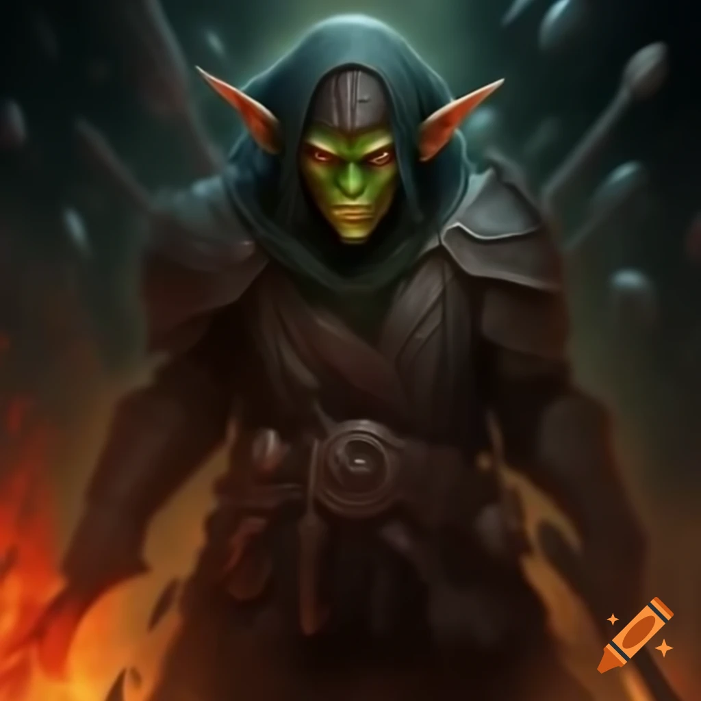 Rogue goblin emerging from darkness with red daggers glimmering