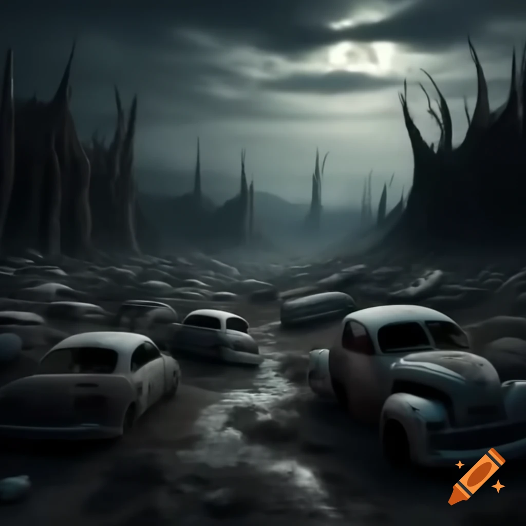 Ghosts in a haunted car junkyard at night with an eerie atmosphere