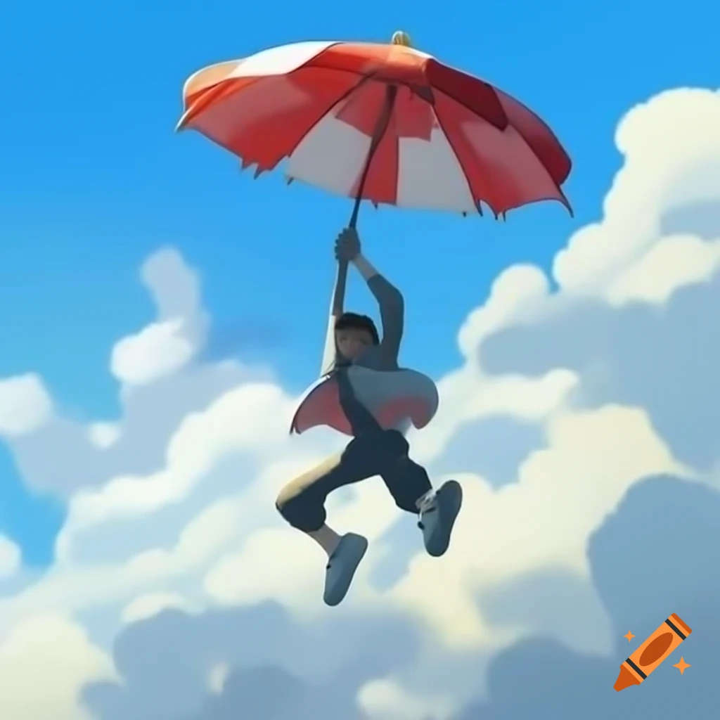 Man falling from sky holding giant red and white parasol