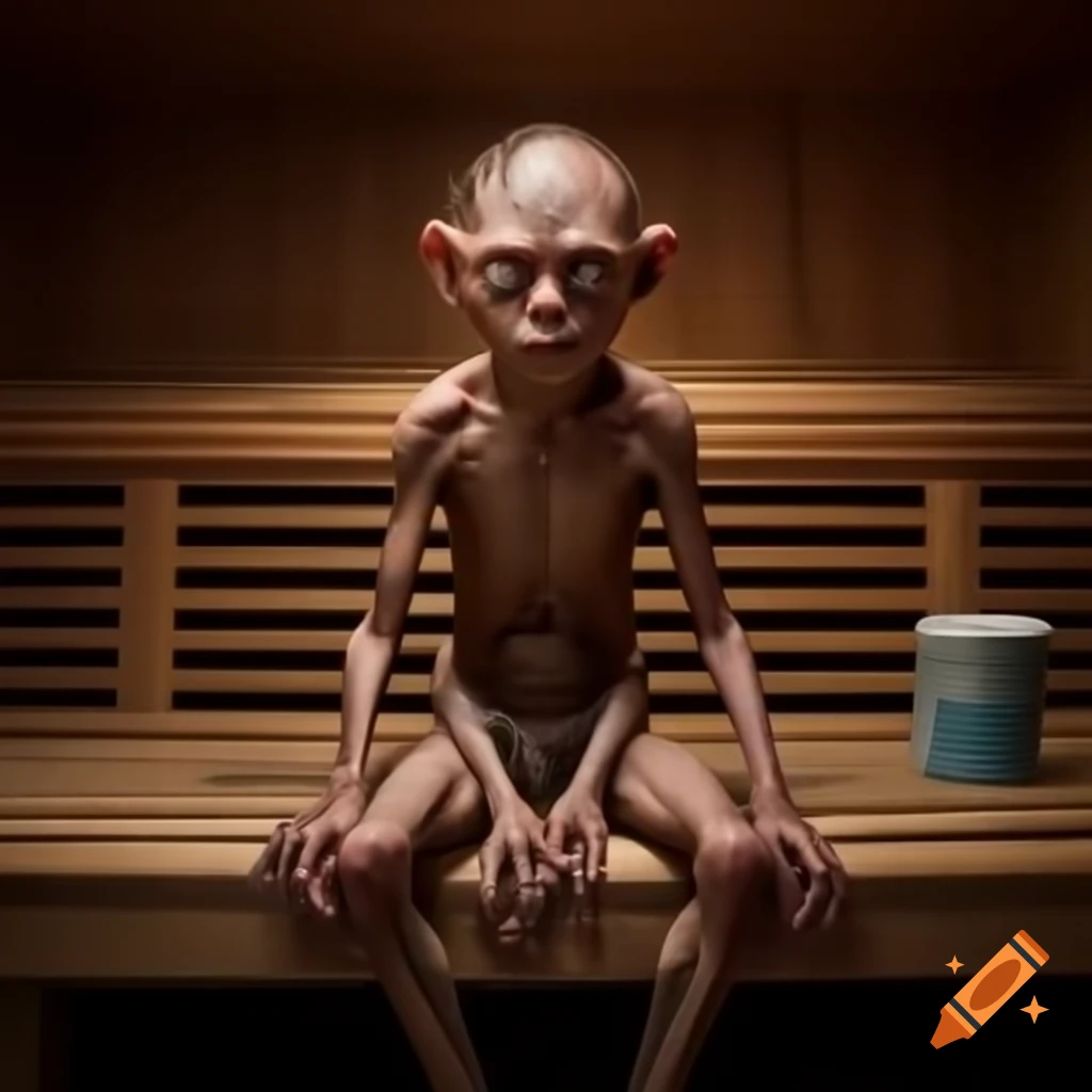 Gollum character hiding beneath sauna benches