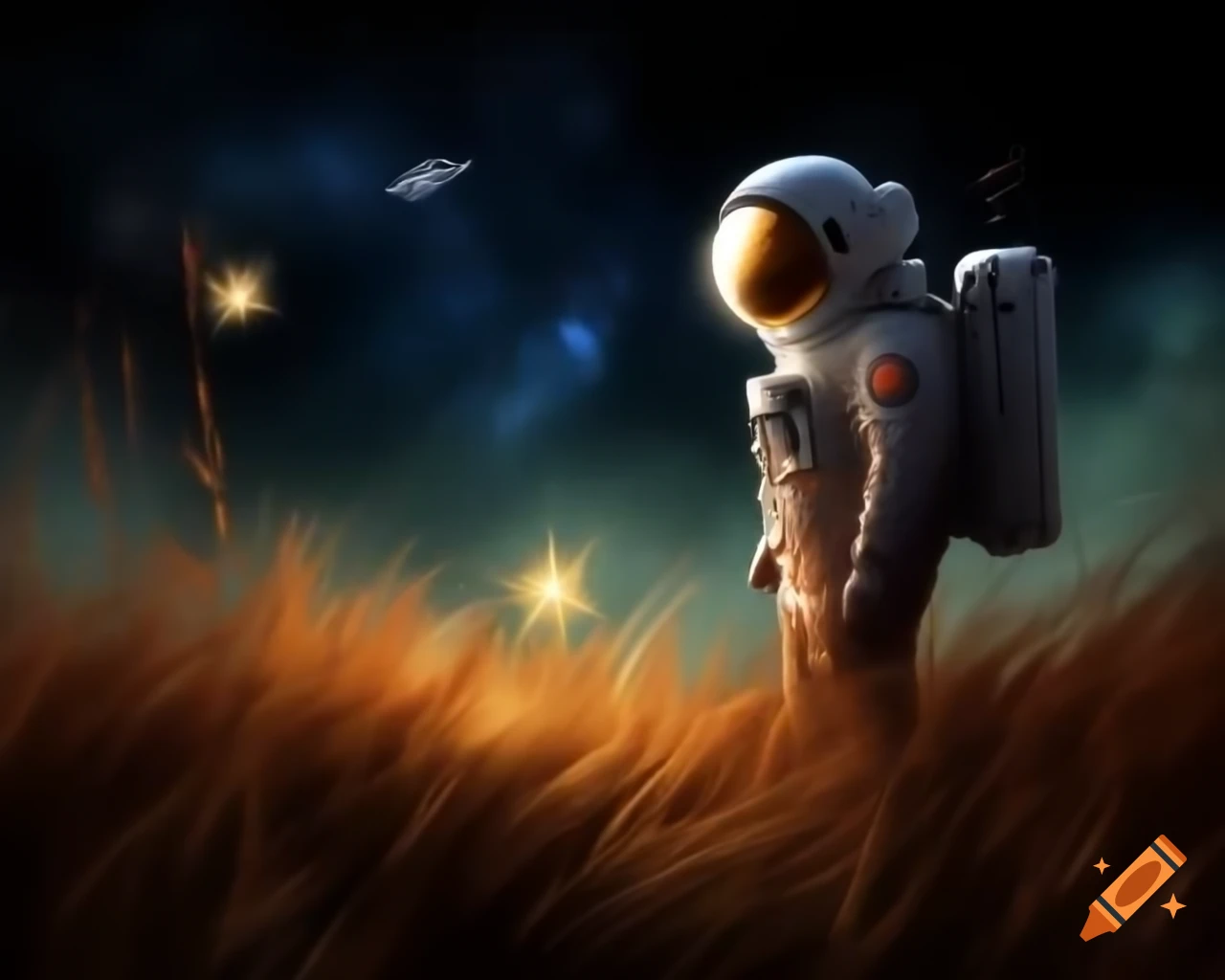 Astronaut gazing at stars while standing on moon grass