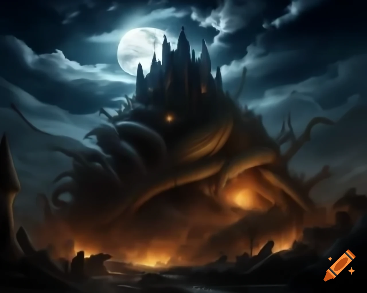 Monstrous Lovecraft creature destroying castle on the moon