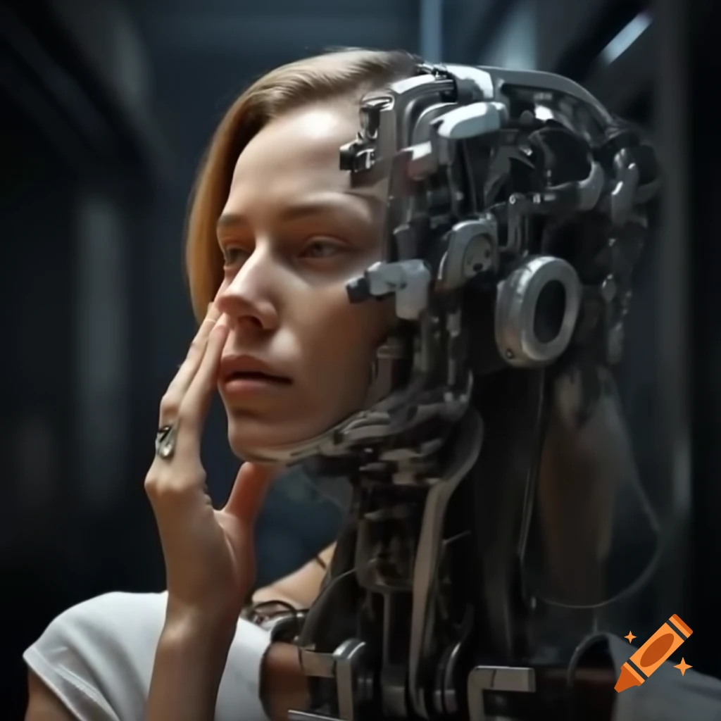Woman's face integrated with robotic features