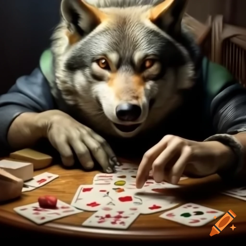 Wolf and rhino engaging in a playful card game