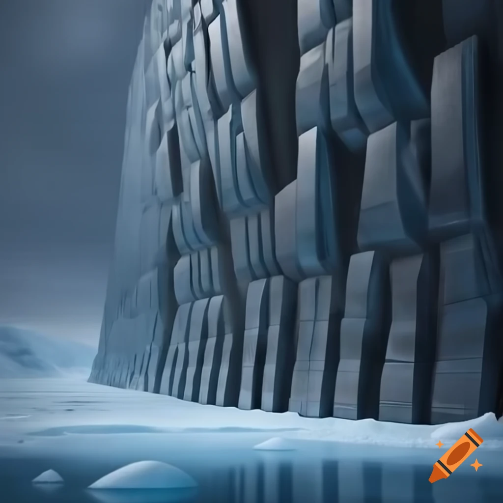 Colossal iron wall in icy landscape