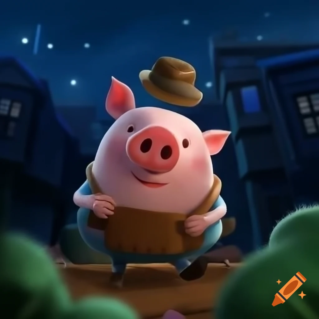 Pig farmer emerging from underground into moonlit night among fashionable city residents