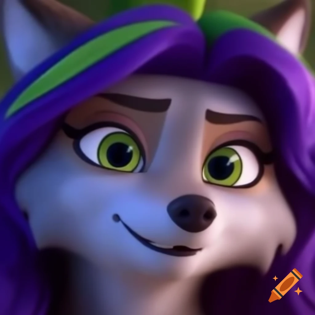 Friendly anthropomorphic wolf character with purple and green hair in DreamWorks style