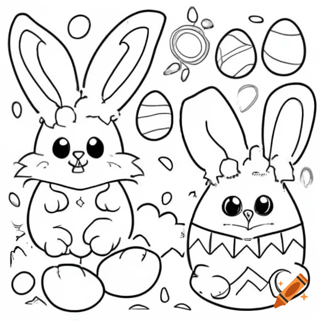 Cartoon easter bunnies with egg outlines for coloring activity on craiyon