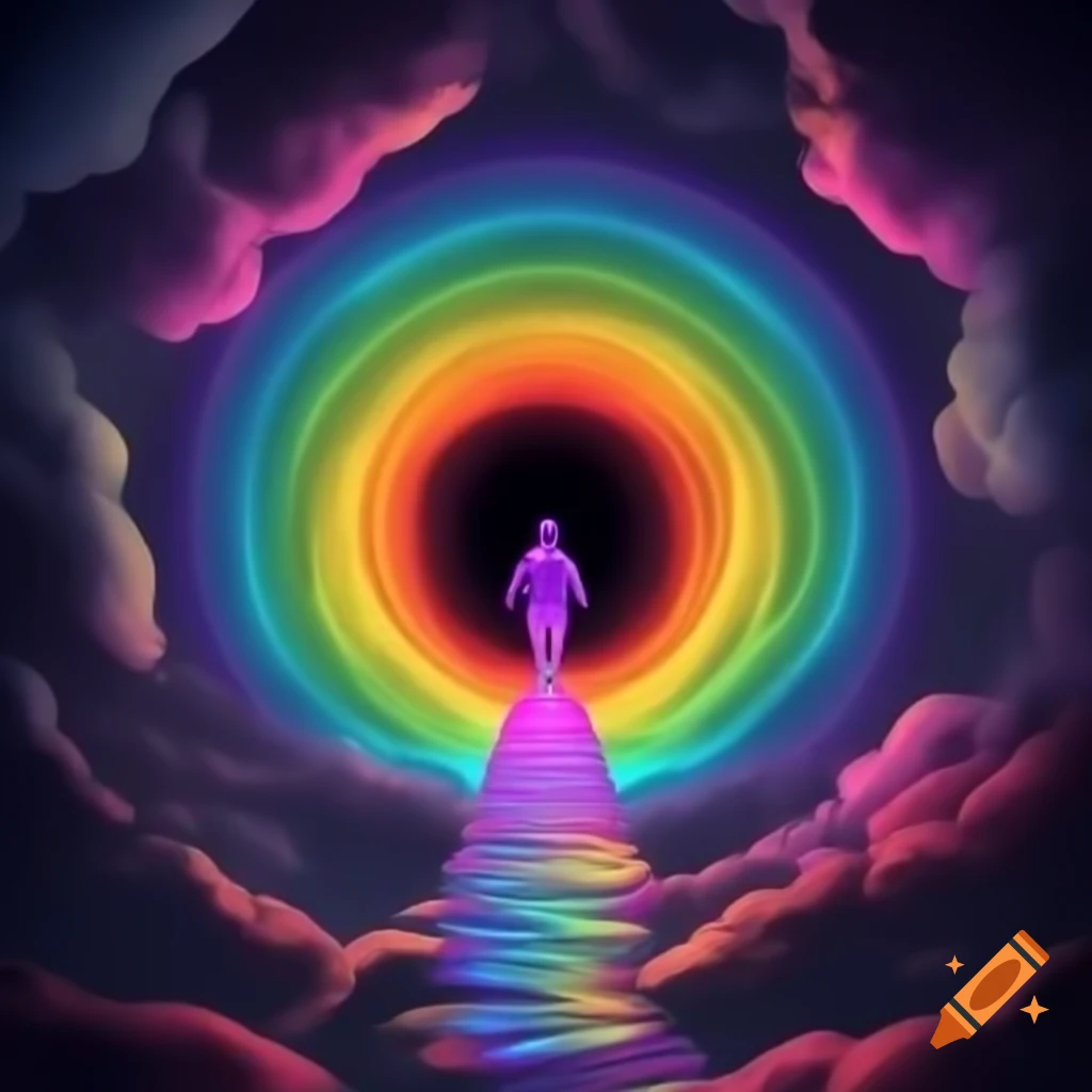 Pathway leading into a vibrant rainbow in digital art
