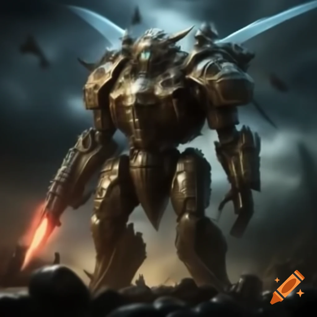 Giant armored mechanical flying robot with hornet features and glowing magic in cloudy sky