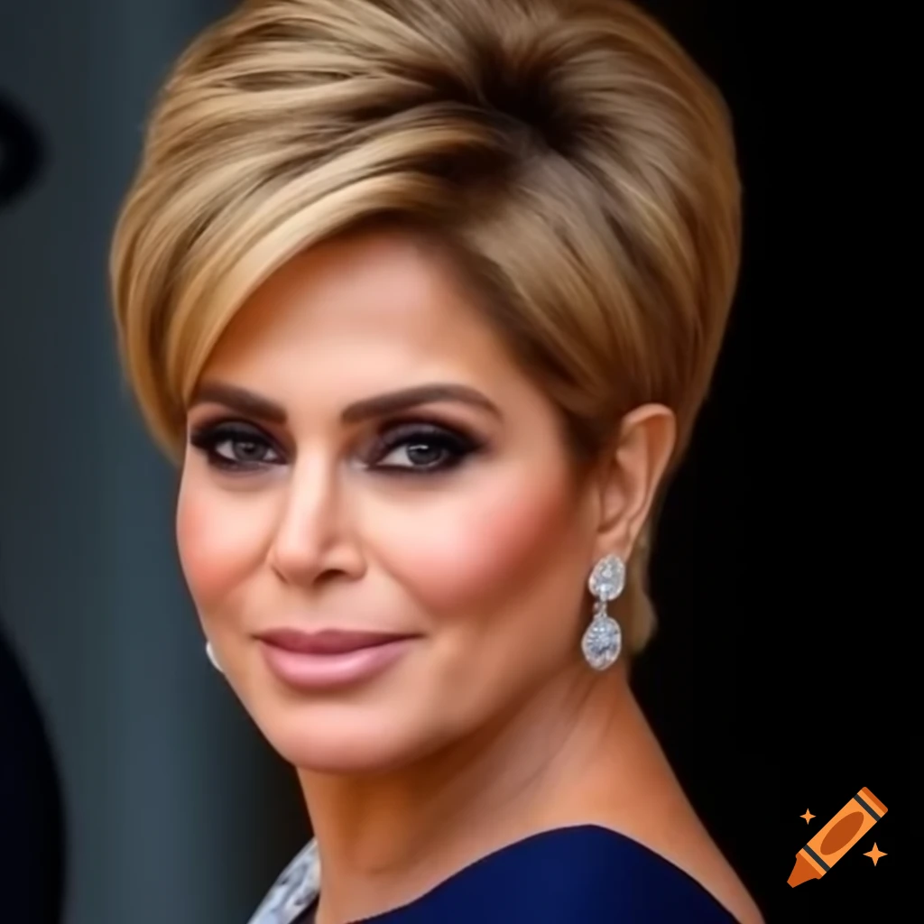 Princess Haya with bold short pixie cut highlighting sharp features