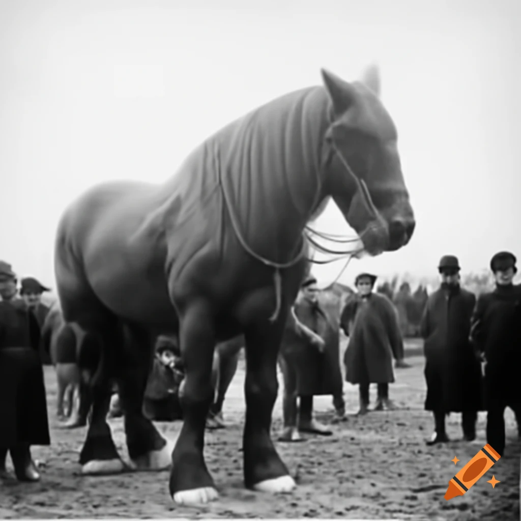 Vintage photo of giant horse surrounded by men, 1855