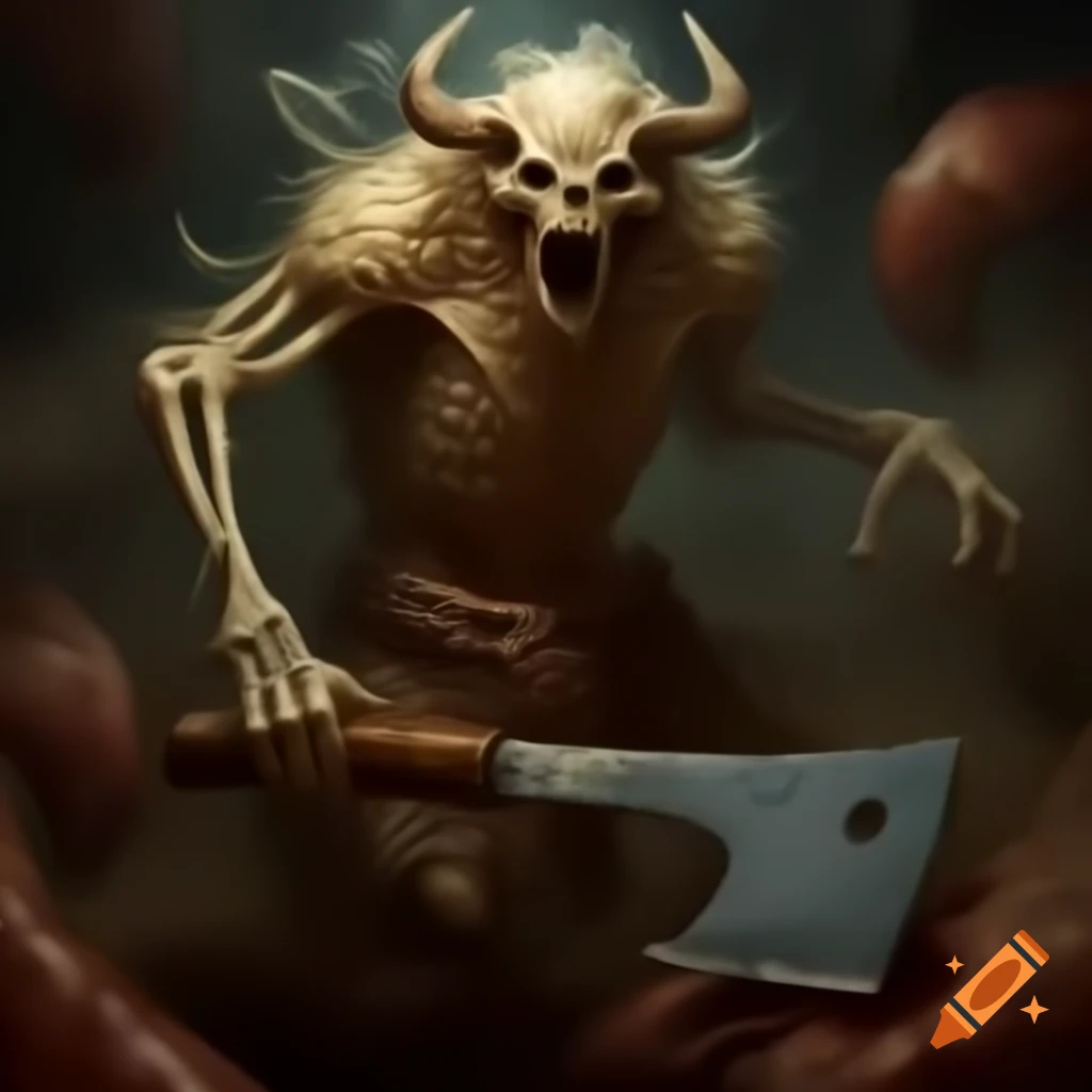 Skeleton warrior wielding butcher's cleaver in surreal battle