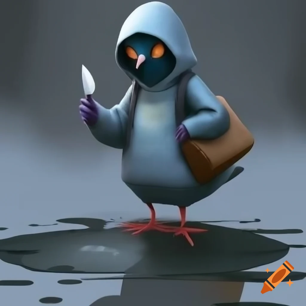 Nervous pigeon in sweatshirt standing in puddle with butter knife