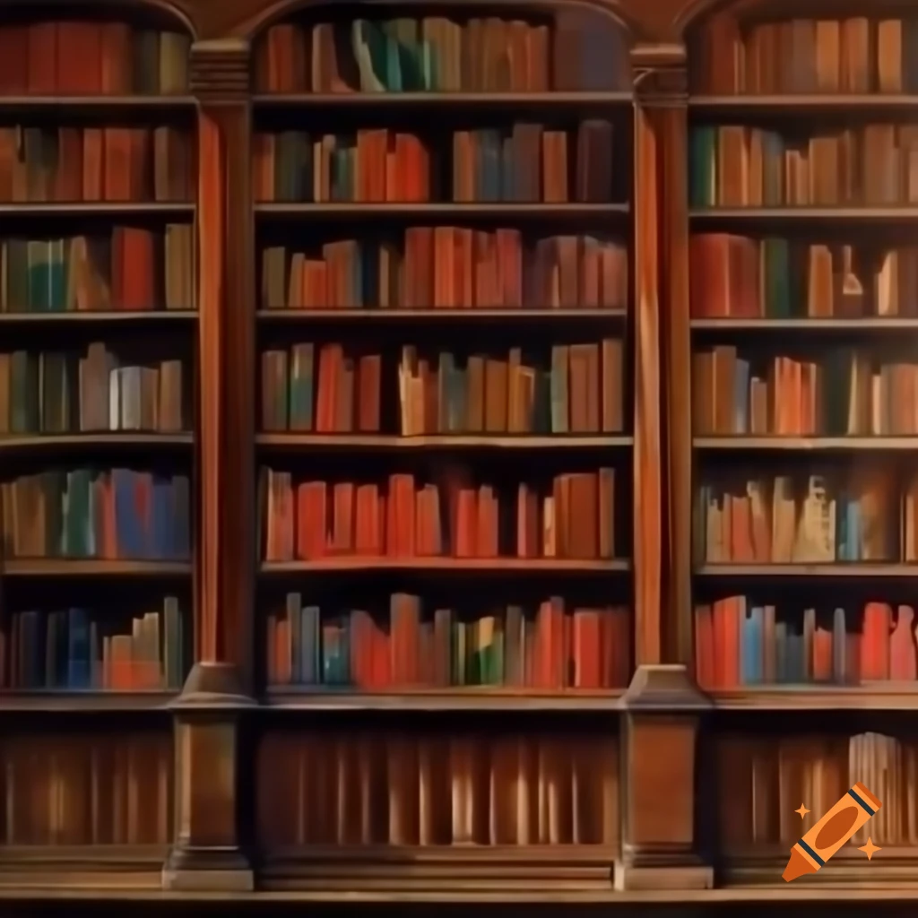 Impressionist painting of elegant library bookshelves