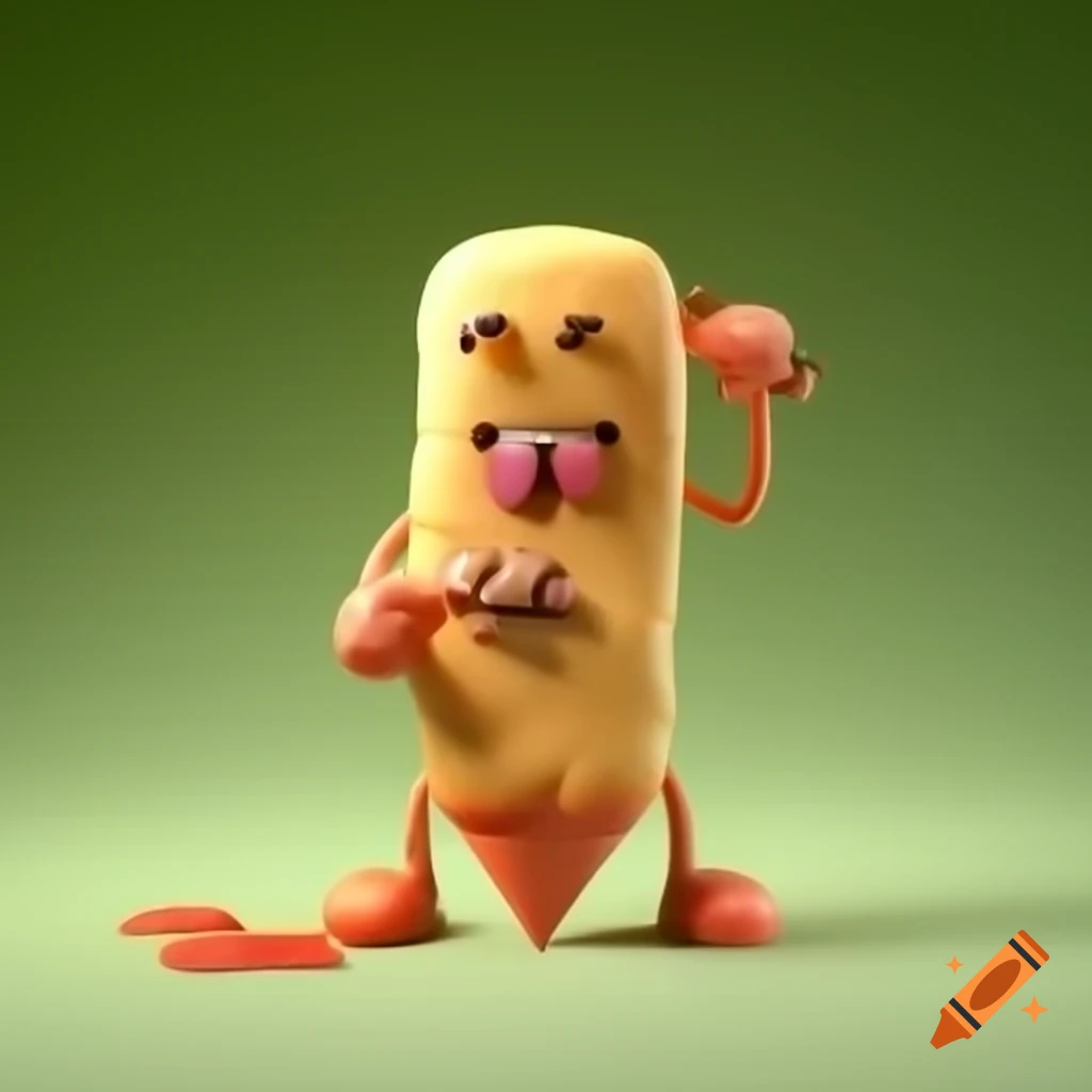 3D anthropomorphized crayon with face eating chocolate chip cookie