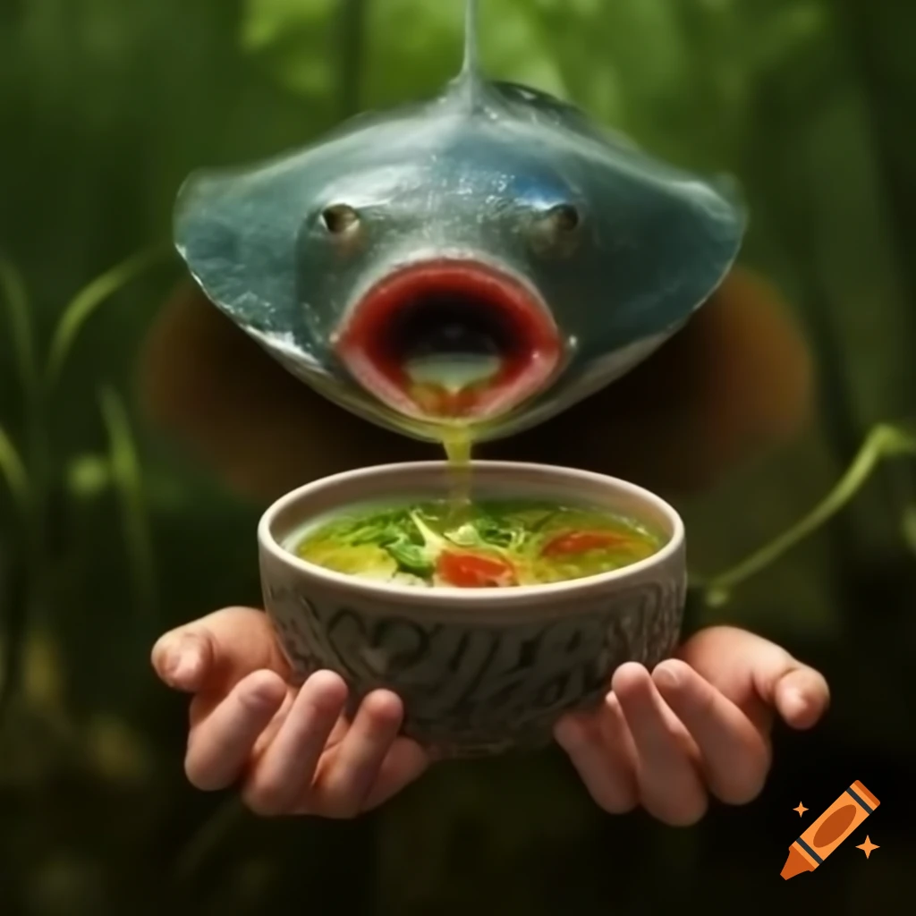 Fish-like creature with kappa head pouring soup from hands