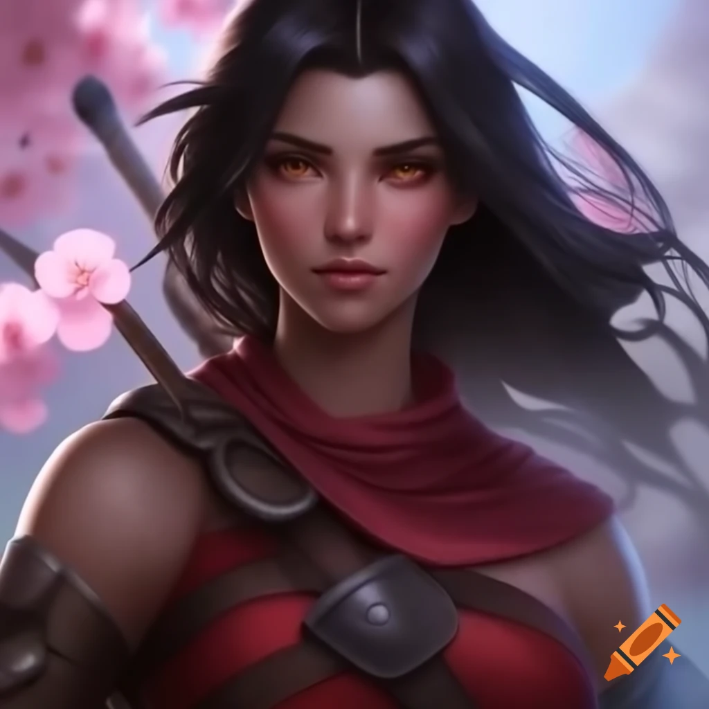 European female warrior in red clothing with bow standing among cherry blossoms