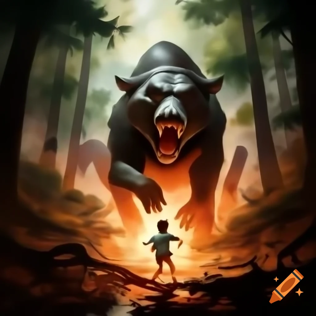 Dangerous animal chasing boy in forest, imaginative composition