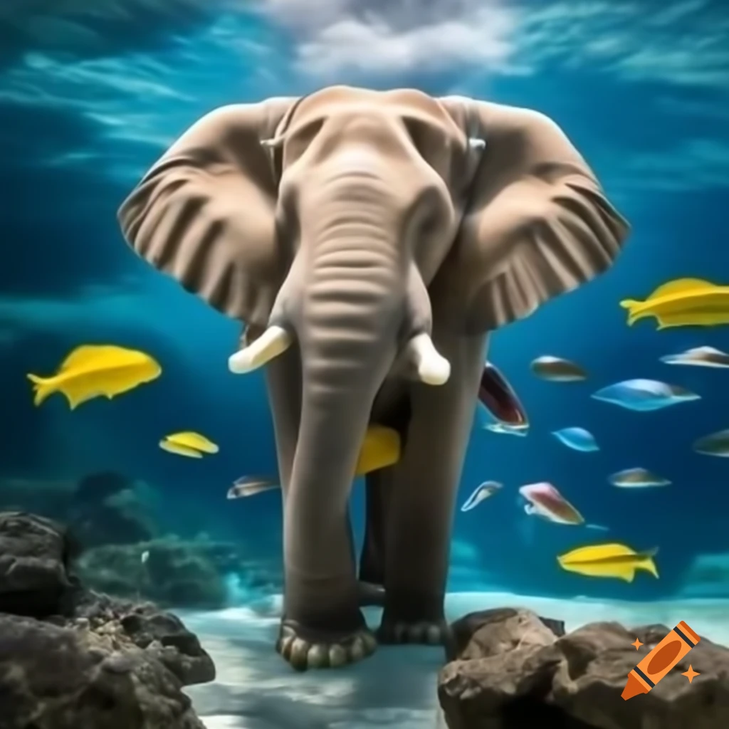 Artistic portrait featuring blue and yellow with elephant standing in river among debris and fish