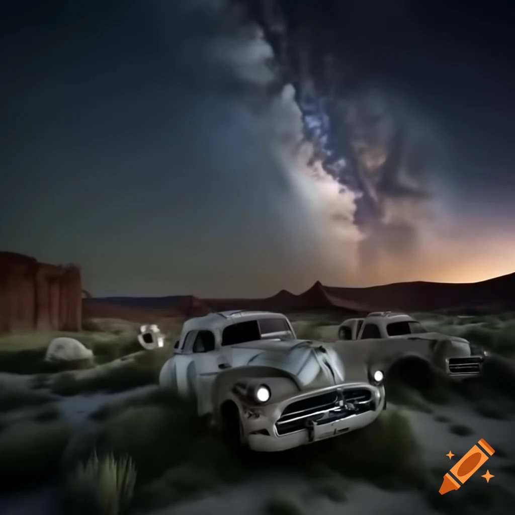 Abandoned car graveyards in remote wilderness under a dark starry night