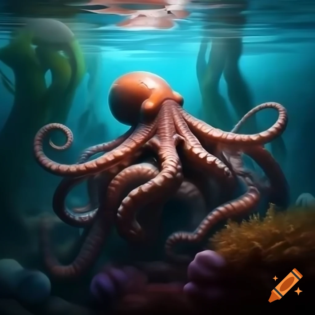 Detailed underwater scene with octopus escaping from coral crevice