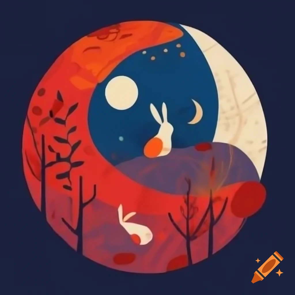 Mid-autumn festival graphic featuring moon and rabbit in red, blue, and white