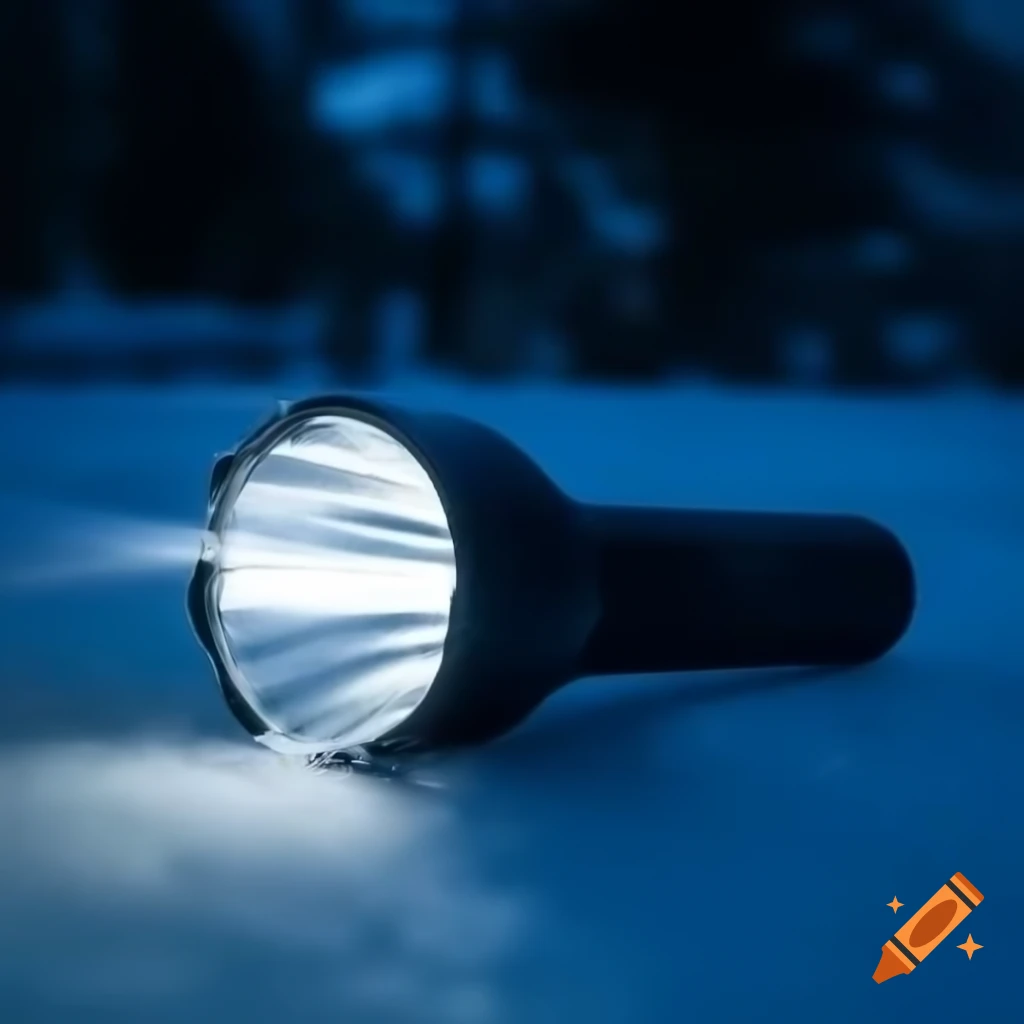 Flashlight illuminating snow at night