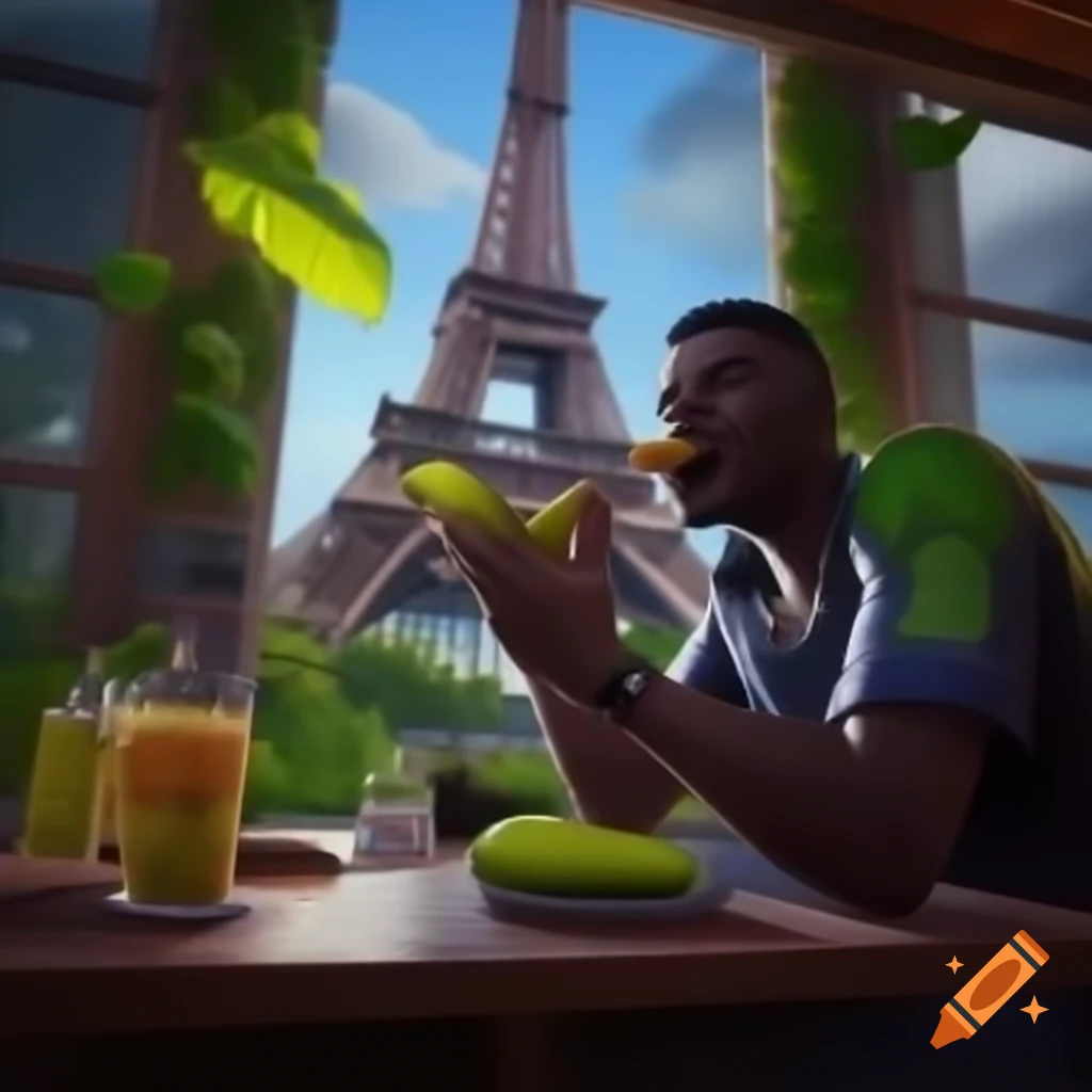 Black man eating giant pickle while playing Fortnite on Eiffel Tower in daylight