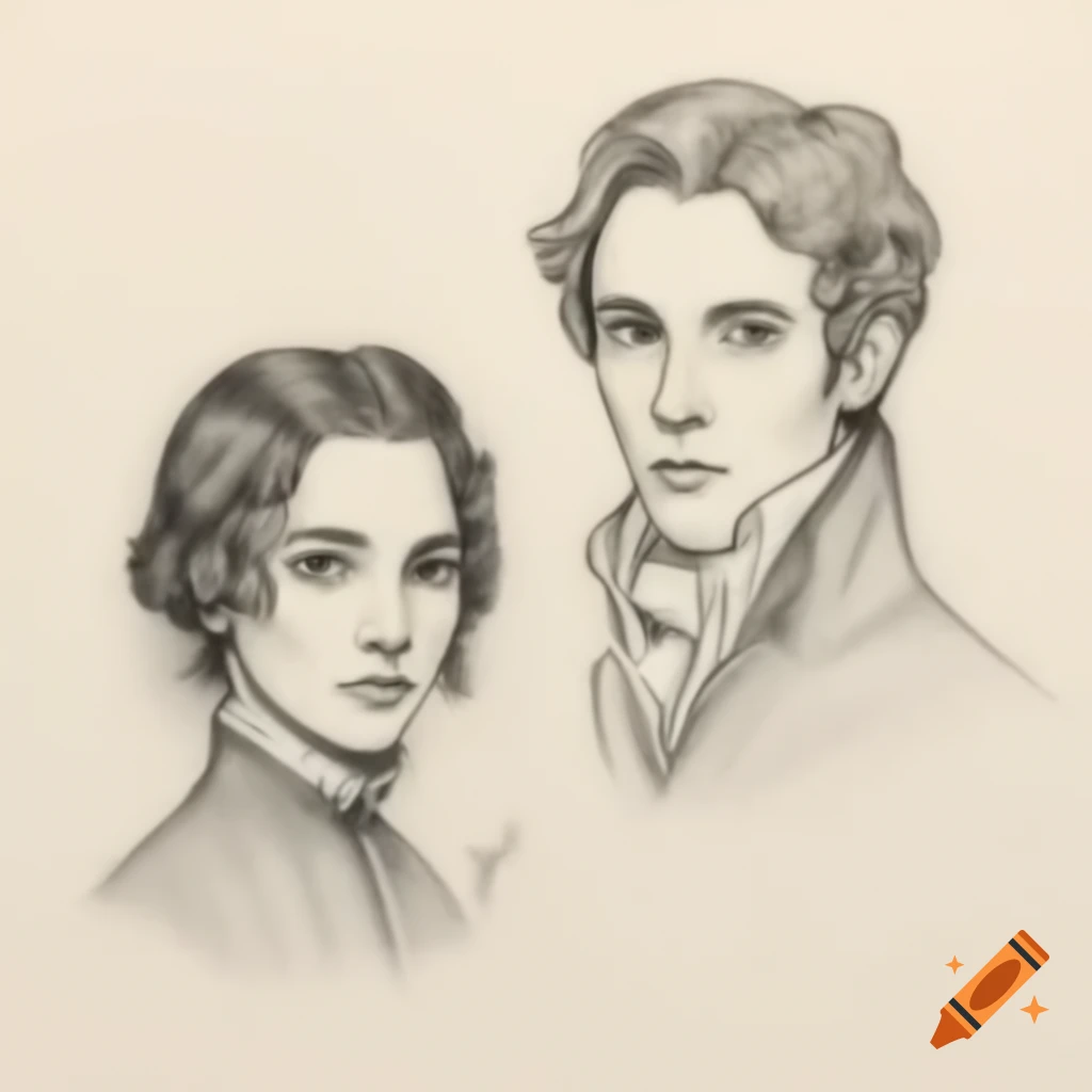 Pencil sketch illustration inspired by Charles E. Brock, depicting scenes from Pride and Prejudice and Emma