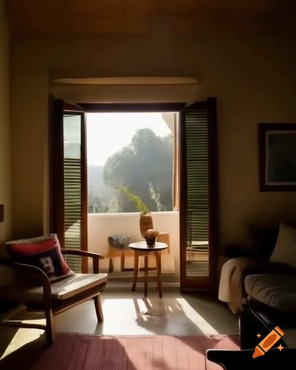 Charming Greek living room with sunlight streaming through window