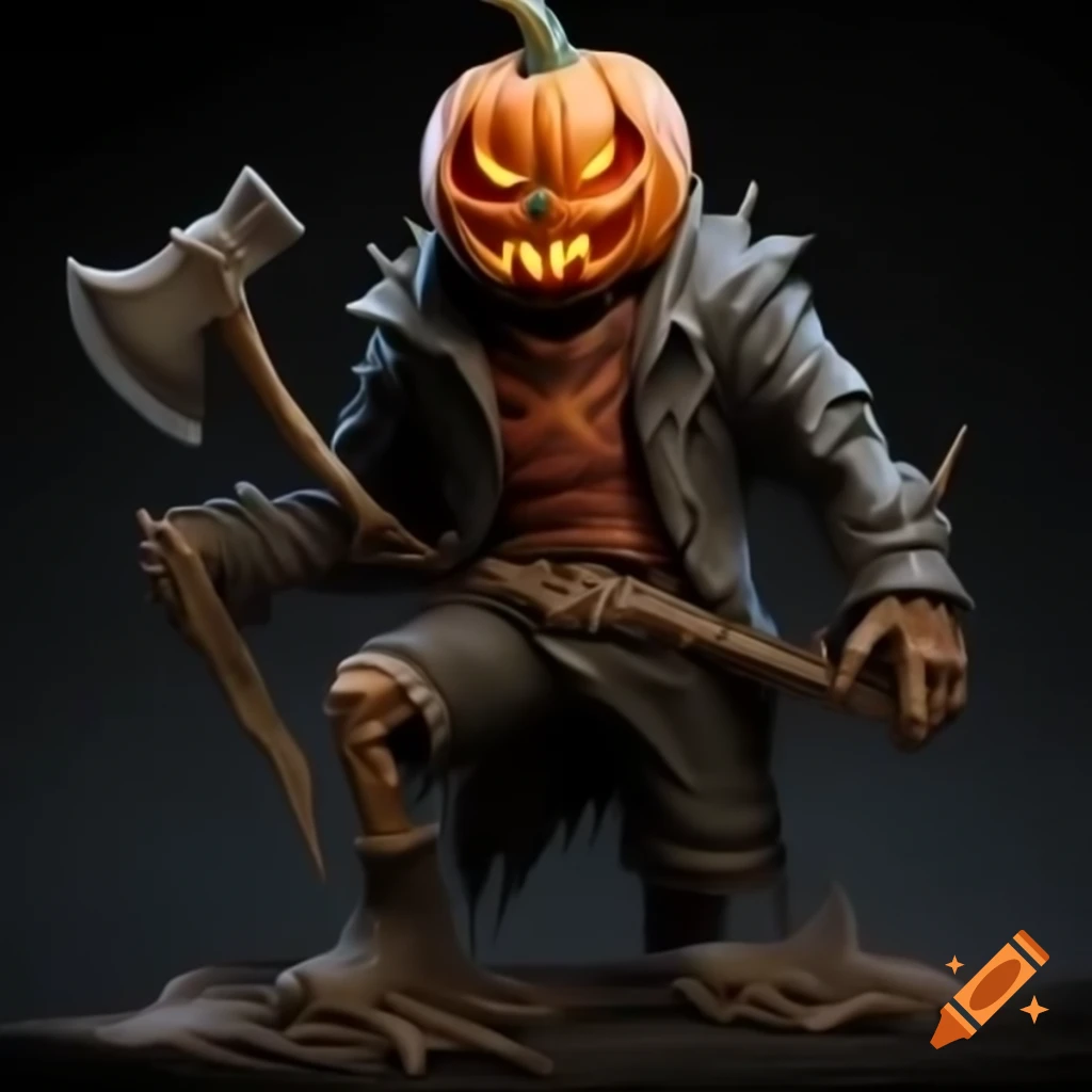 Sinister pumpkin character with skeleton body and roots, wearing torn shirt and shorts