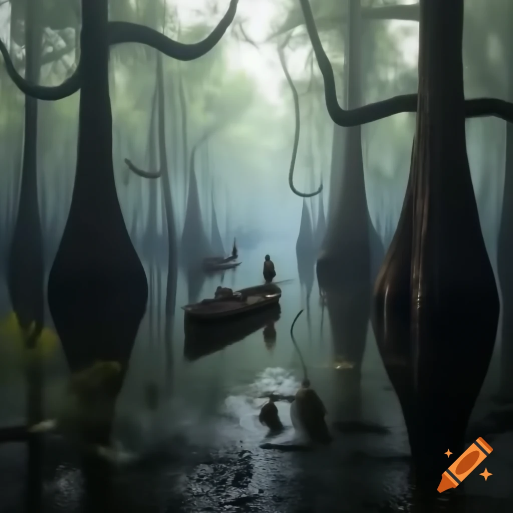Dark swamp with huge trees and boats, people navigating with long sticks