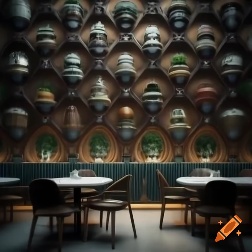 Futuristic cafe wall with robots serving exotic food