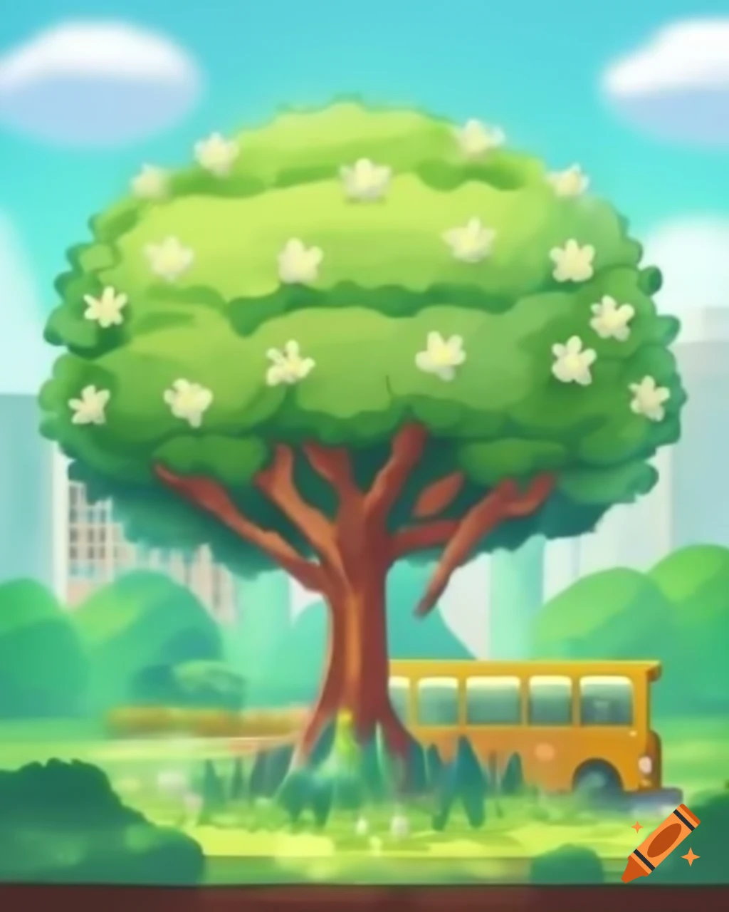 Scribblenauts graphic with blooming acacia tree and yellow bus in cityscape garden